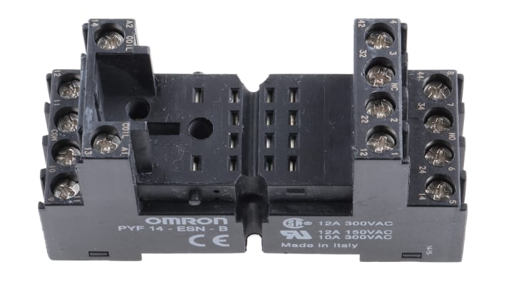 Zoccolo per relè Omron PYF14ESNB, con 14 contatti, montaggio su guida DIN, dimensioni 75 x 27 x 42,5 mm, corrente 12 A.