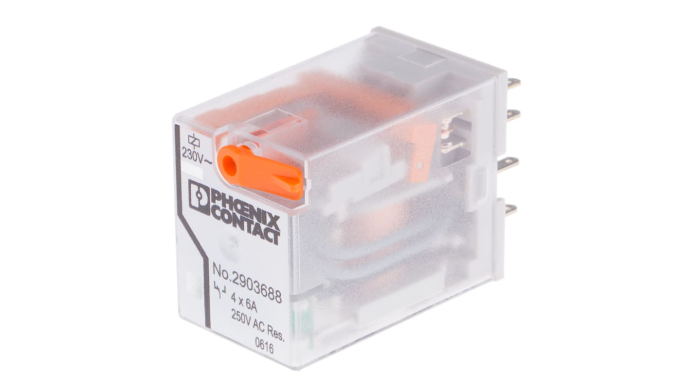 Relè di potenza Phoenix Contact REL-IR4, 4PDT, bobina 230V ca - Serie industriale con 4 contatti, tensioni bobina 12-24V c.c. e 24-230V c.a. LED giallo e opzioni avanzate. Codice 2903688.