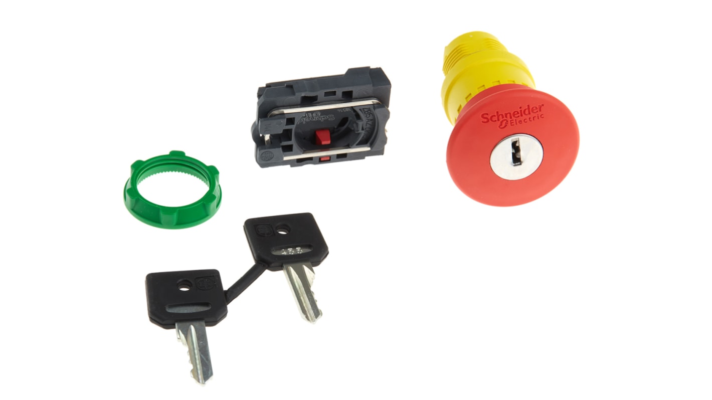 Pulsante di arresto di emergenza Schneider Electric XB5AS9442 Harmony XB5, montaggio a pannello Ø 22mm resistente a vibrazioni e agenti chimici. Ideale per applicazioni industriali.