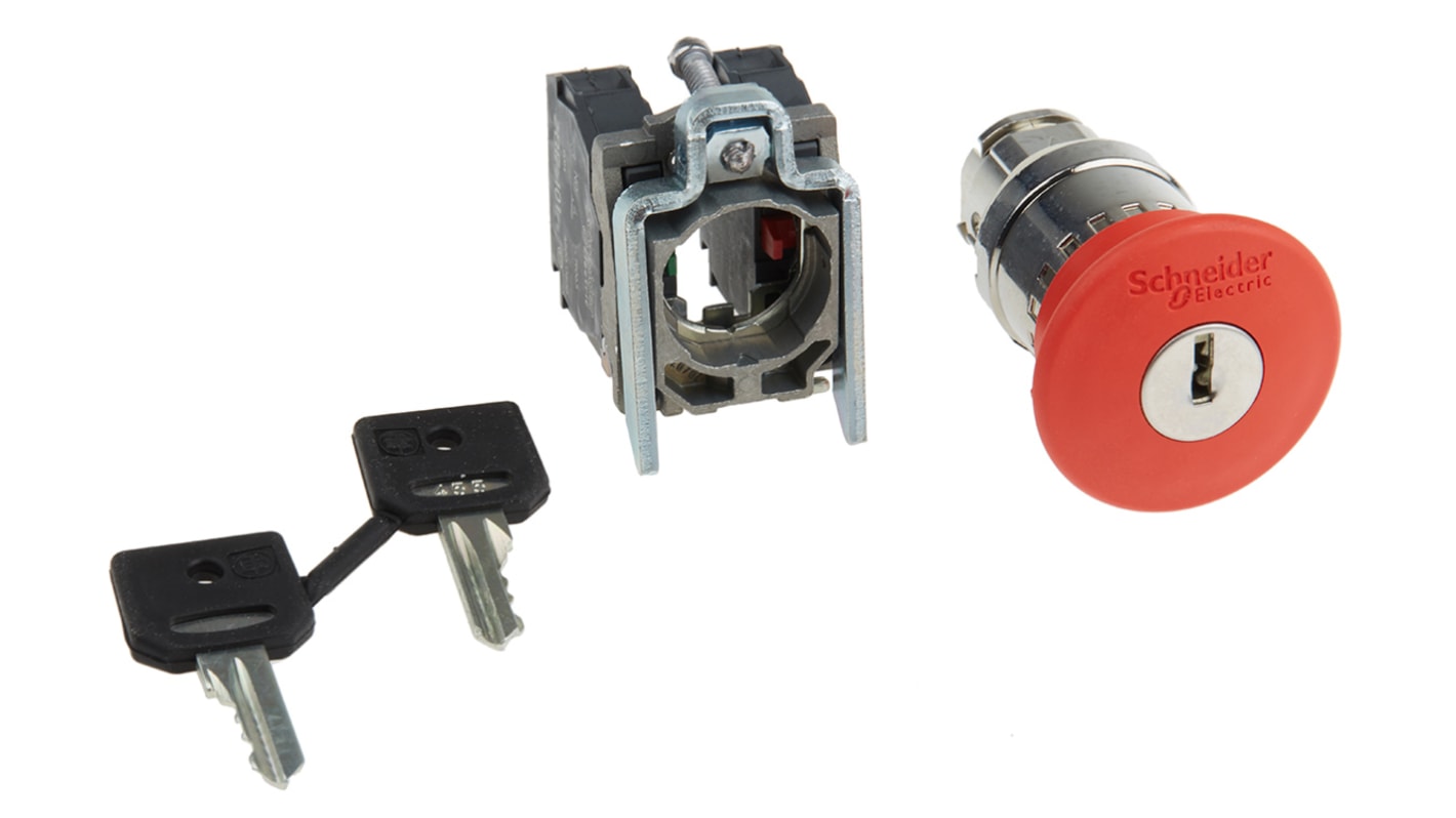 Pulsante di arresto di emergenza Schneider Electric XB4, testa a fungo rossa, montaggio a pannello, diametro 22 mm, grado di protezione IP66.