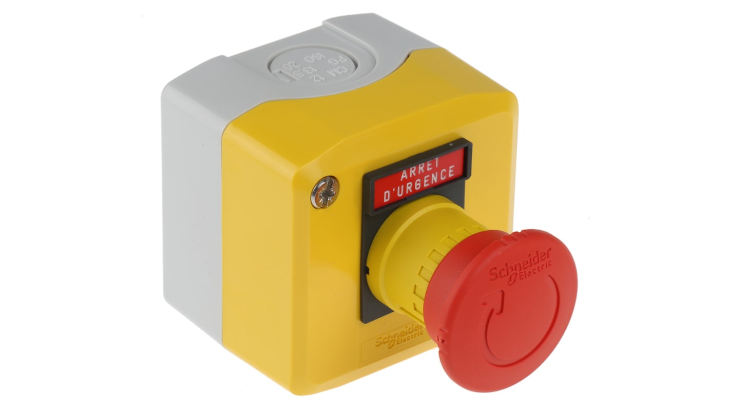 Pulsante di arresto di emergenza Schneider Electric Harmony XALK1781, montaggio superficiale, grado di protezione IP 65-69K, dimensioni 91.5x68x68 mm.