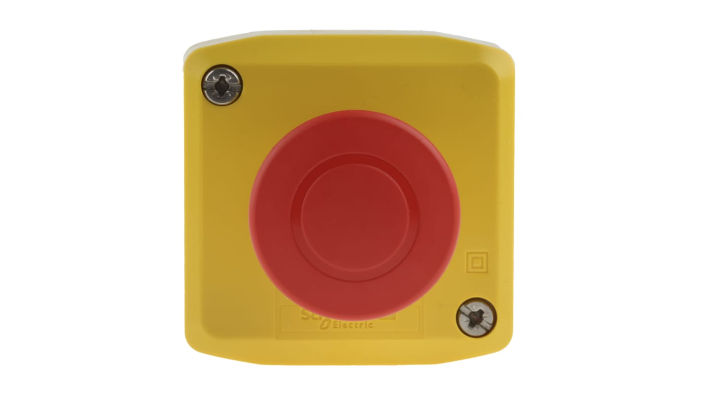 Pulsante di arresto di emergenza Schneider Electric XALK198, giallo con testa rossa, montaggio superficiale, IP66/IP67/IP69K.