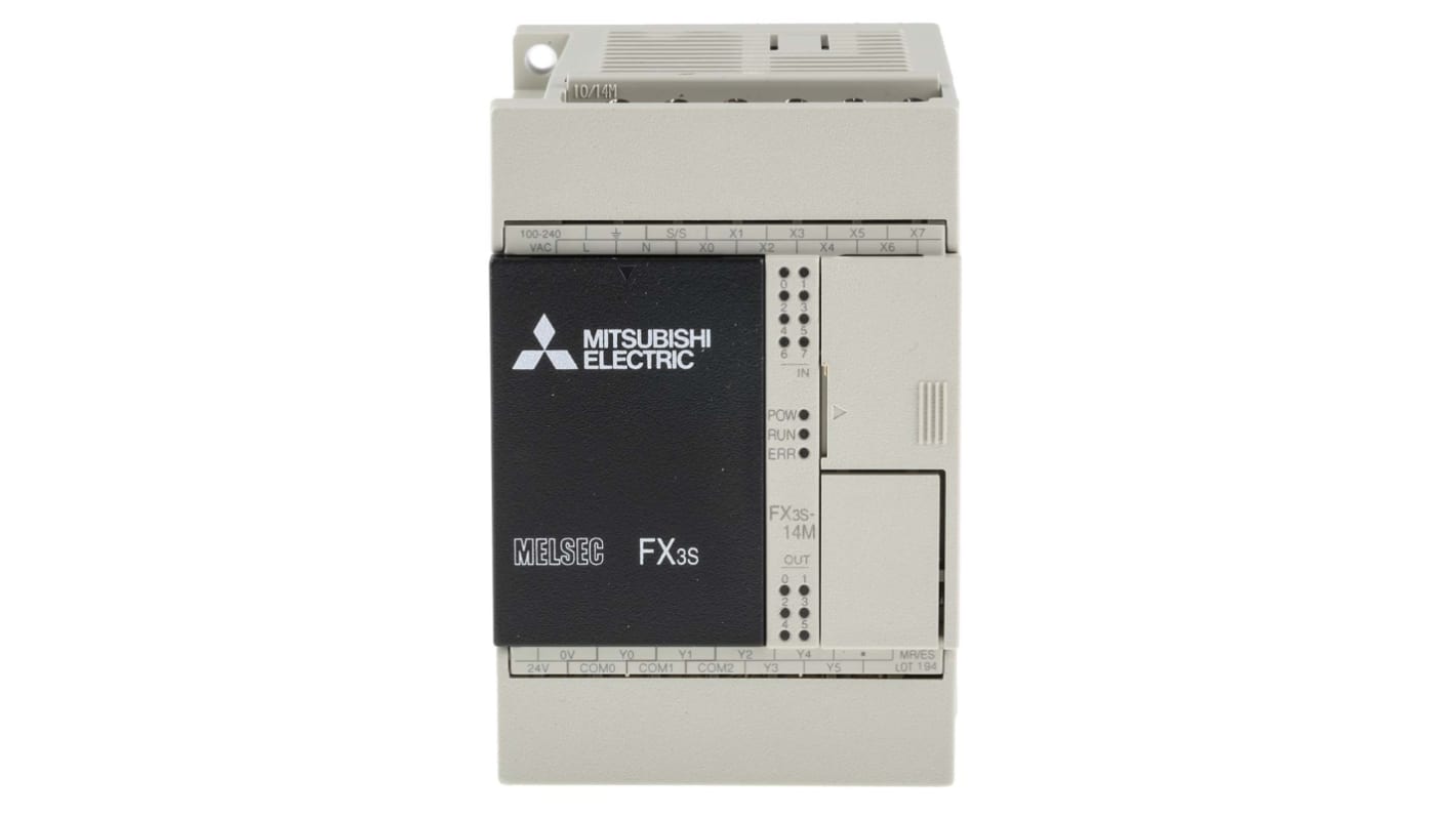 CPU PLC Mitsubishi Electric FX3S-14MR/ES, 8 ingressi digitali, montaggio a parete, dimensioni 60 x 75 x 90 mm.