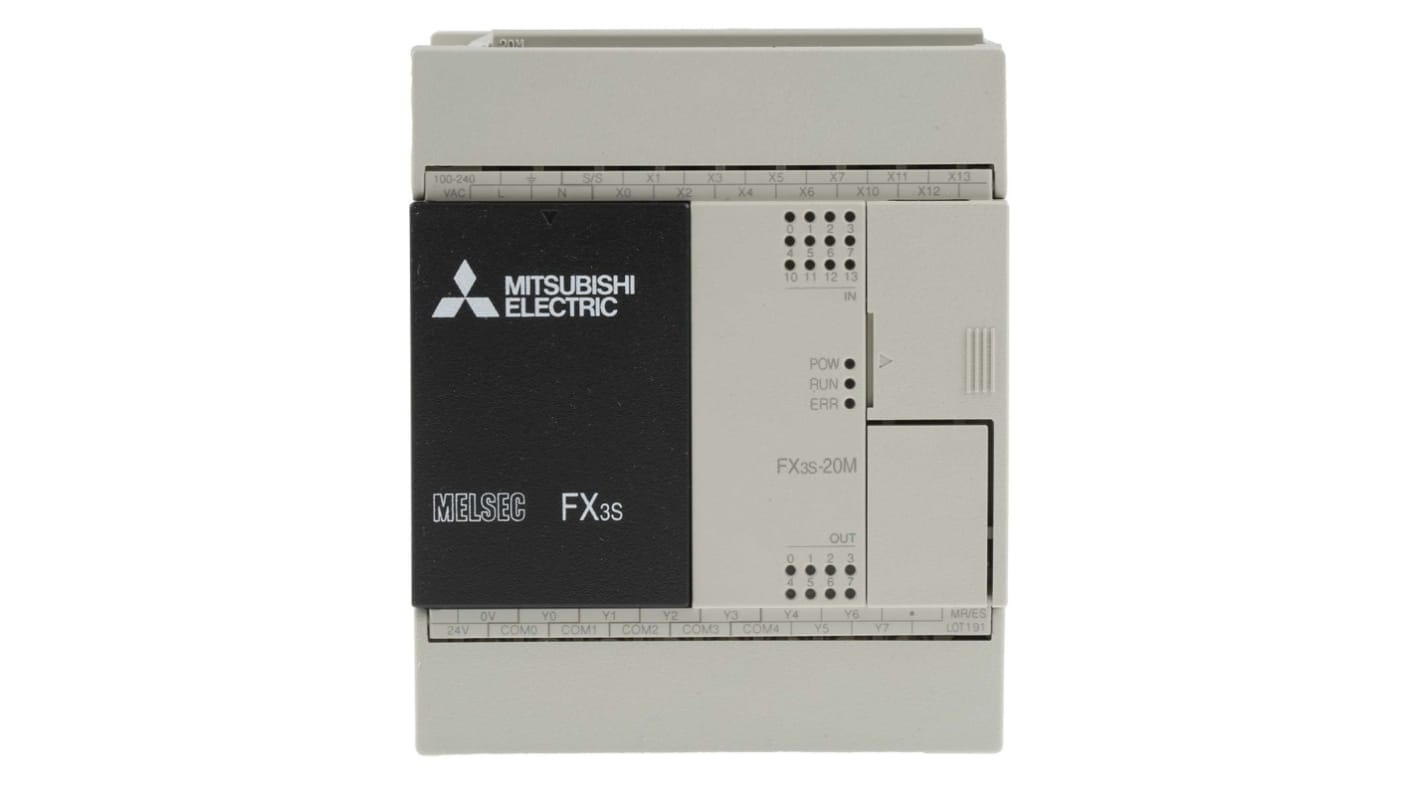 Controller PLC Mitsubishi Electric FX3S-20MR/ES, 12 ingressi, 8 uscite, montaggio a parete, dimensioni 75 x 75 x 90 mm.