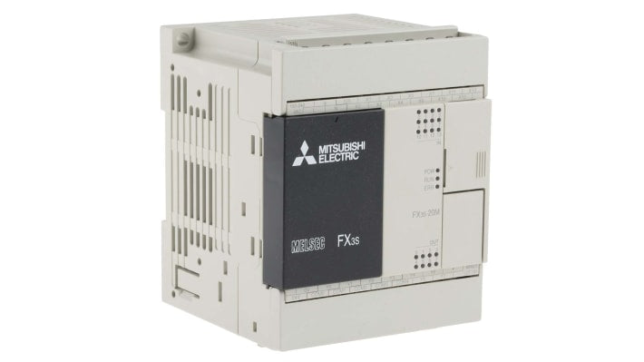 Controller PLC Mitsubishi Electric FX3S-20MR/ES, 12 ingressi, 8 uscite, montaggio a parete, dimensioni 75 x 75 x 90 mm.