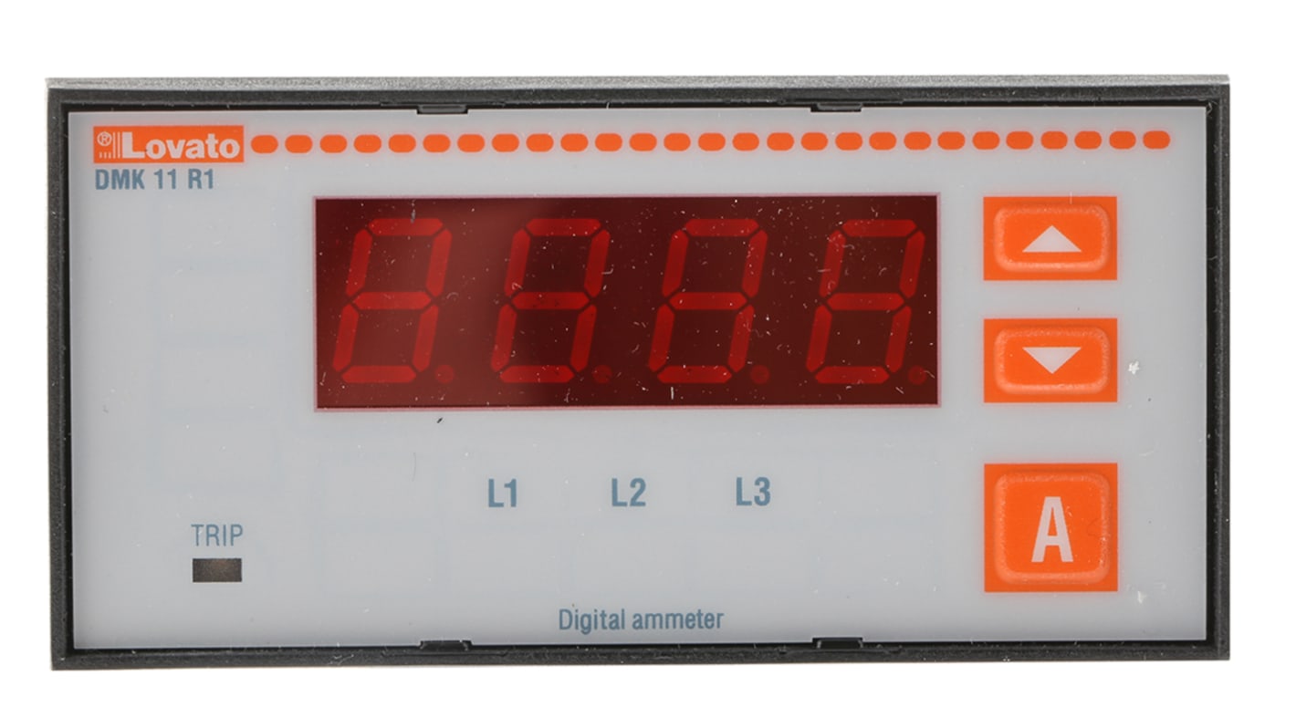 Amperometro digitale Lovato DMK11R1, montaggio a pannello, misurazioni trifase, precisione ±0,5%, dimensioni 96 x 48 mm.