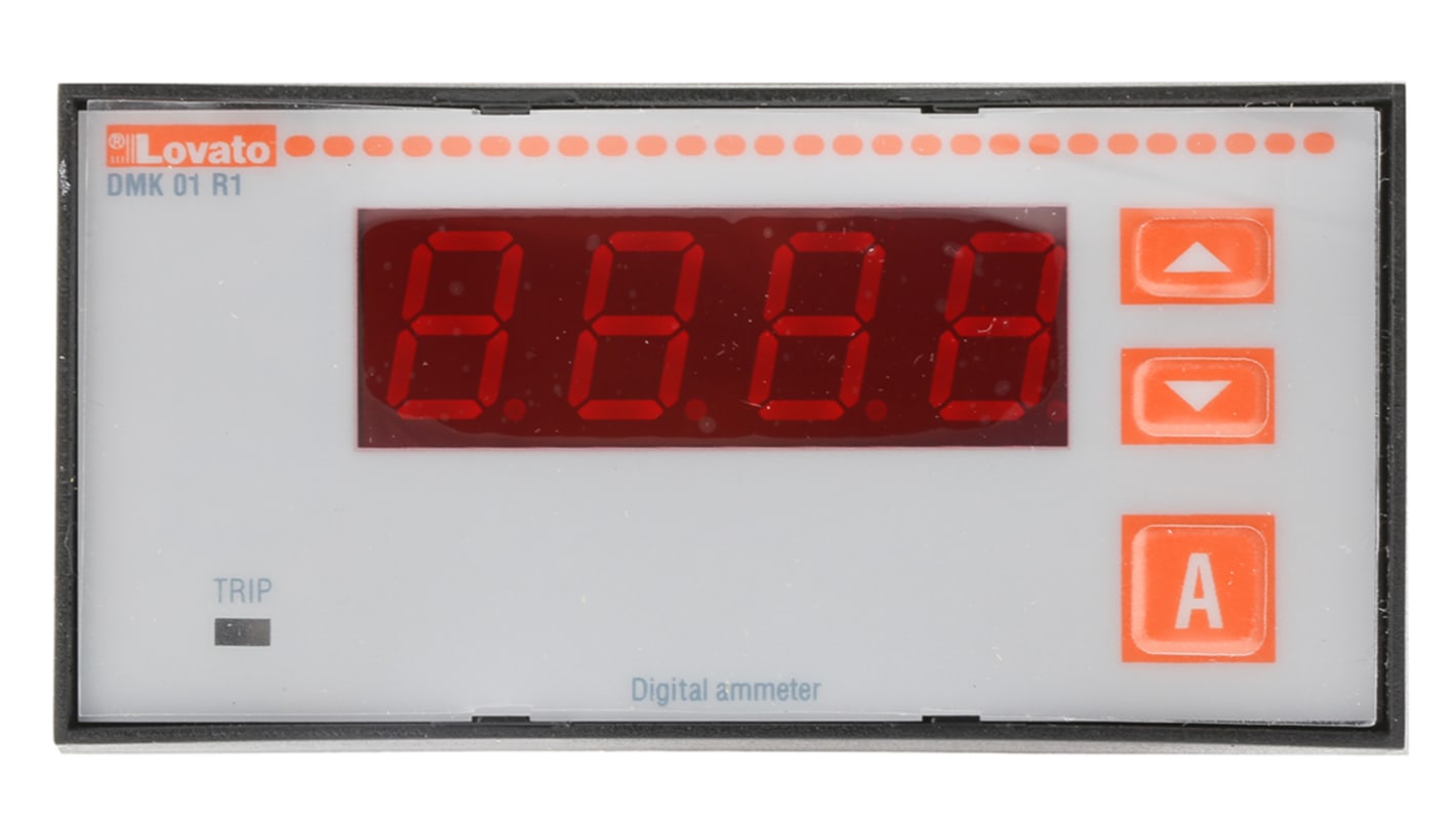 Amperometro digitale Lovato DMK01R1, monofase, precisione ±0,5%, montaggio a pannello, dimensioni 96 x 48 mm, IP54.