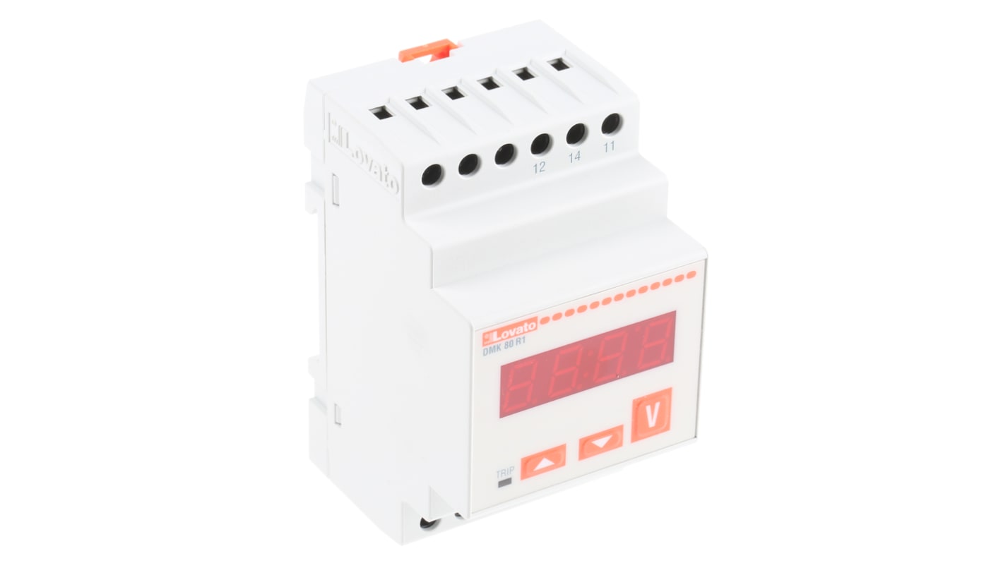 Voltmetro digitale Lovato DMK80R1, display LED 4 cifre, montaggio su guida DIN, precisione ±0.25%, IP40, -20 a +60 °C.