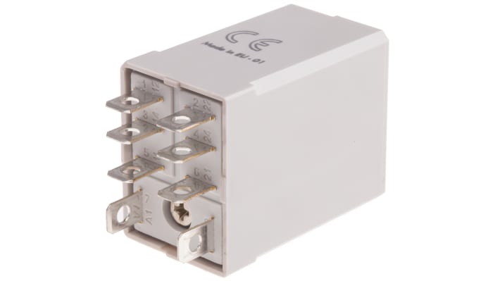 Finder 56.32.9.024.0000T, relè di potenza DPDT 24V cc, corrente 12A, dimensioni 27.7mm x 37.2mm x 20.7mm.