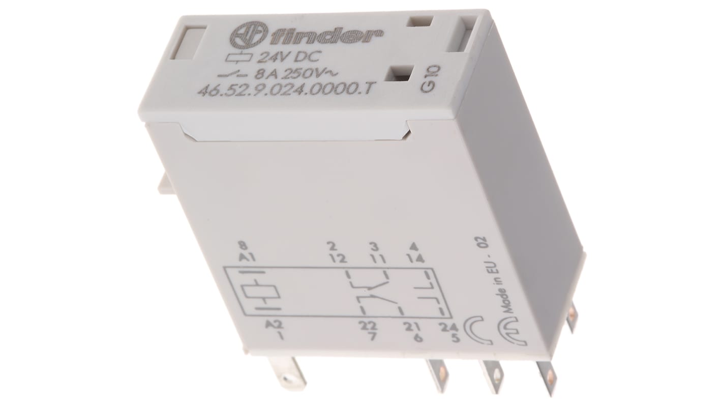 Finder 46.52.9.024.0000T, relè DPDT 24V cc per applicazioni ferroviarie, corrente 8A, dimensioni 29mm x 12.4mm x 32.8mm.