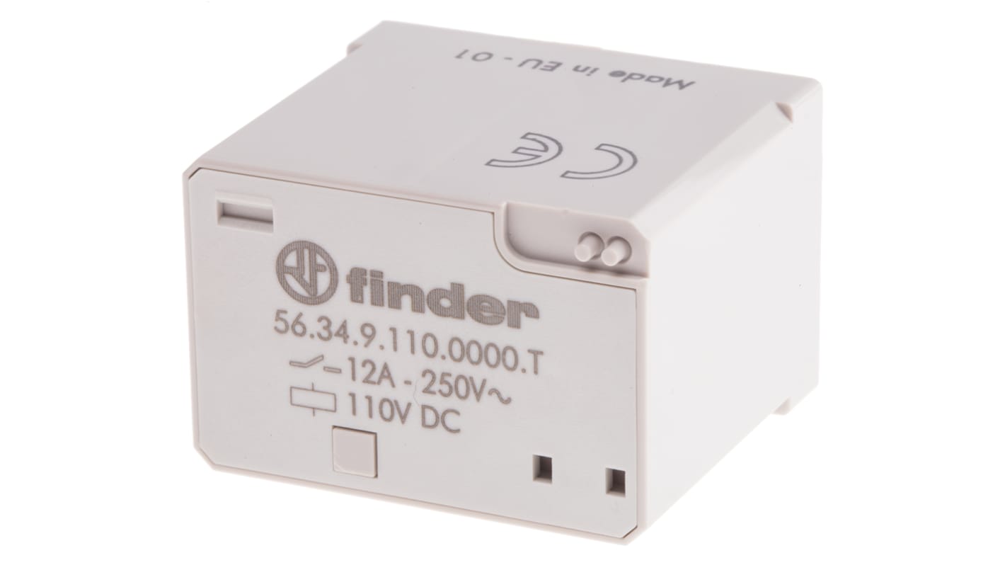 Finder 56.34.9.110.0000T, relè di potenza 4PDT per applicazioni ferroviarie, bobina 110V cc, dimensioni 27.7mm x 37.1mm x 40.8mm.