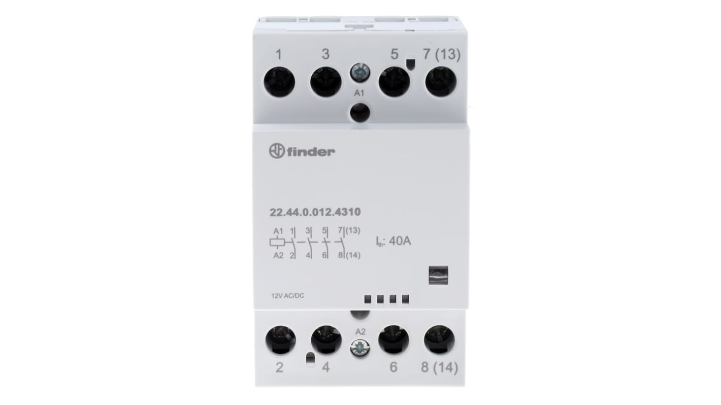 Finder 22.44.0.012.4310, contattore modulare 4 poli, 40 A, 12 V, montaggio su guida DIN, dimensioni 53.5 mm x 63.1 mm.