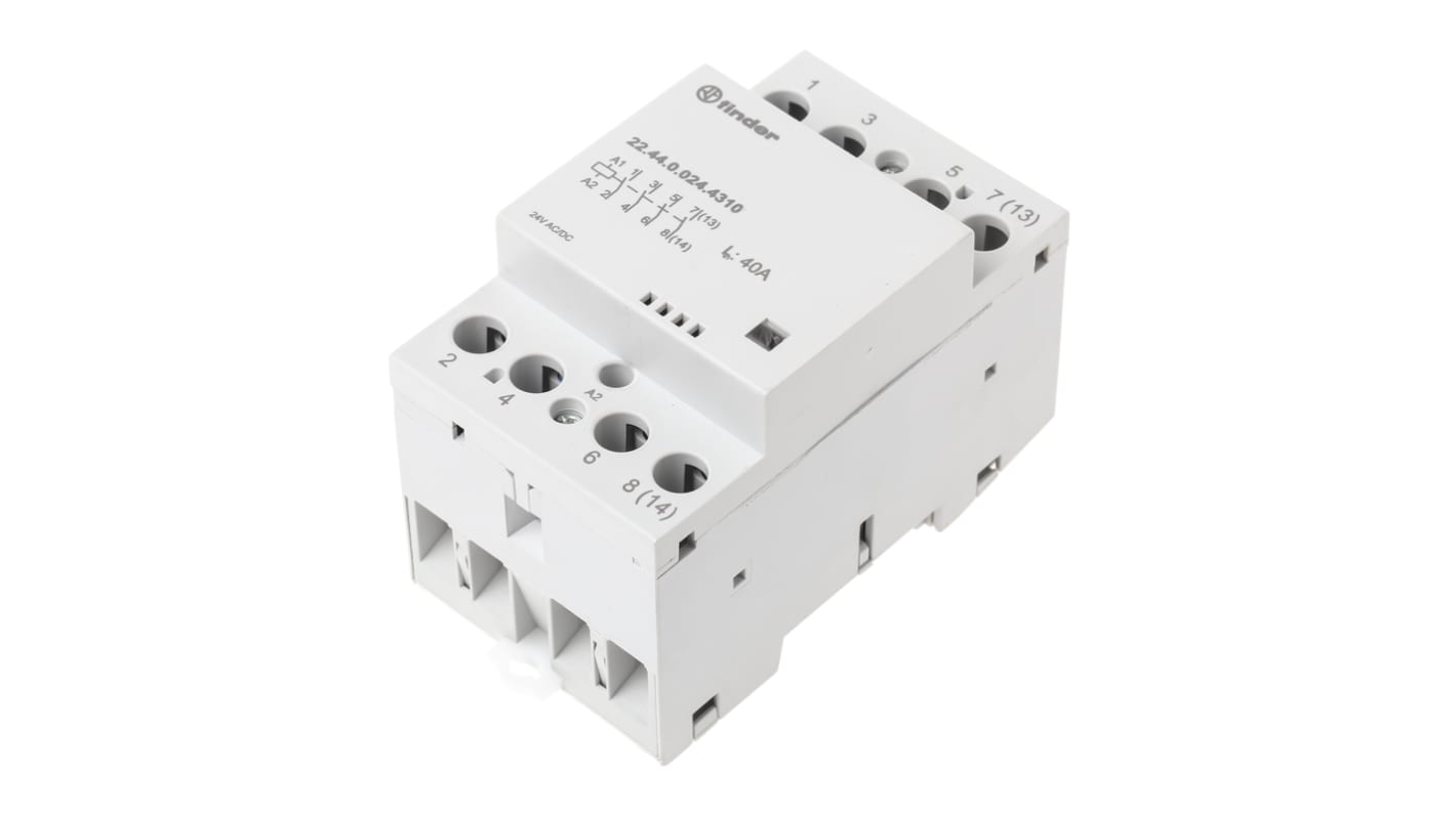 Contattore Finder 22.44.0.024.4310, 4 poli, 40 A, montaggio su guida DIN, 24 V, dimensioni 53.5 x 63.1 mm.