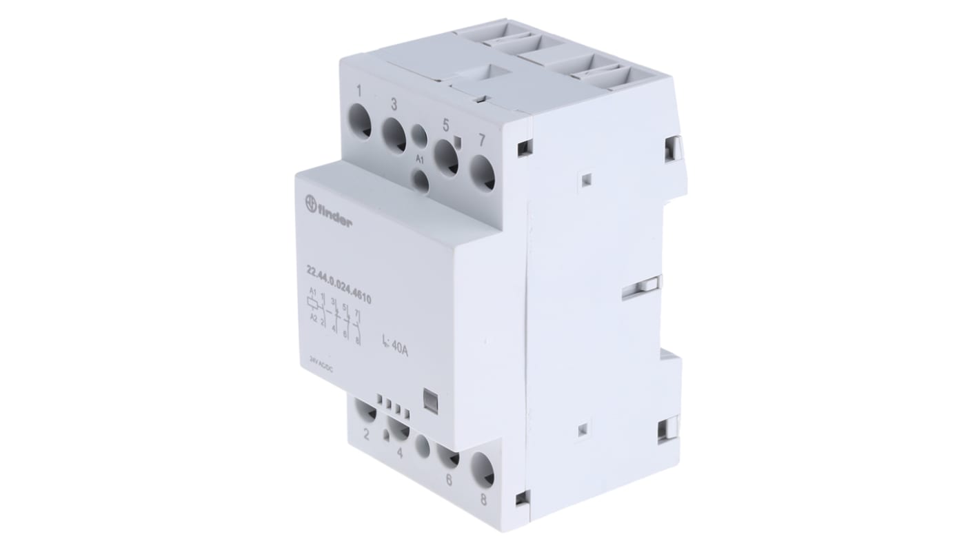 Finder 22.44.0.024.4610, contattore modulare 4 poli, 40 A, 24 V c.c./c.a., montaggio su guida DIN 35 mm, dimensioni 53.5 mm x 63.1 mm.