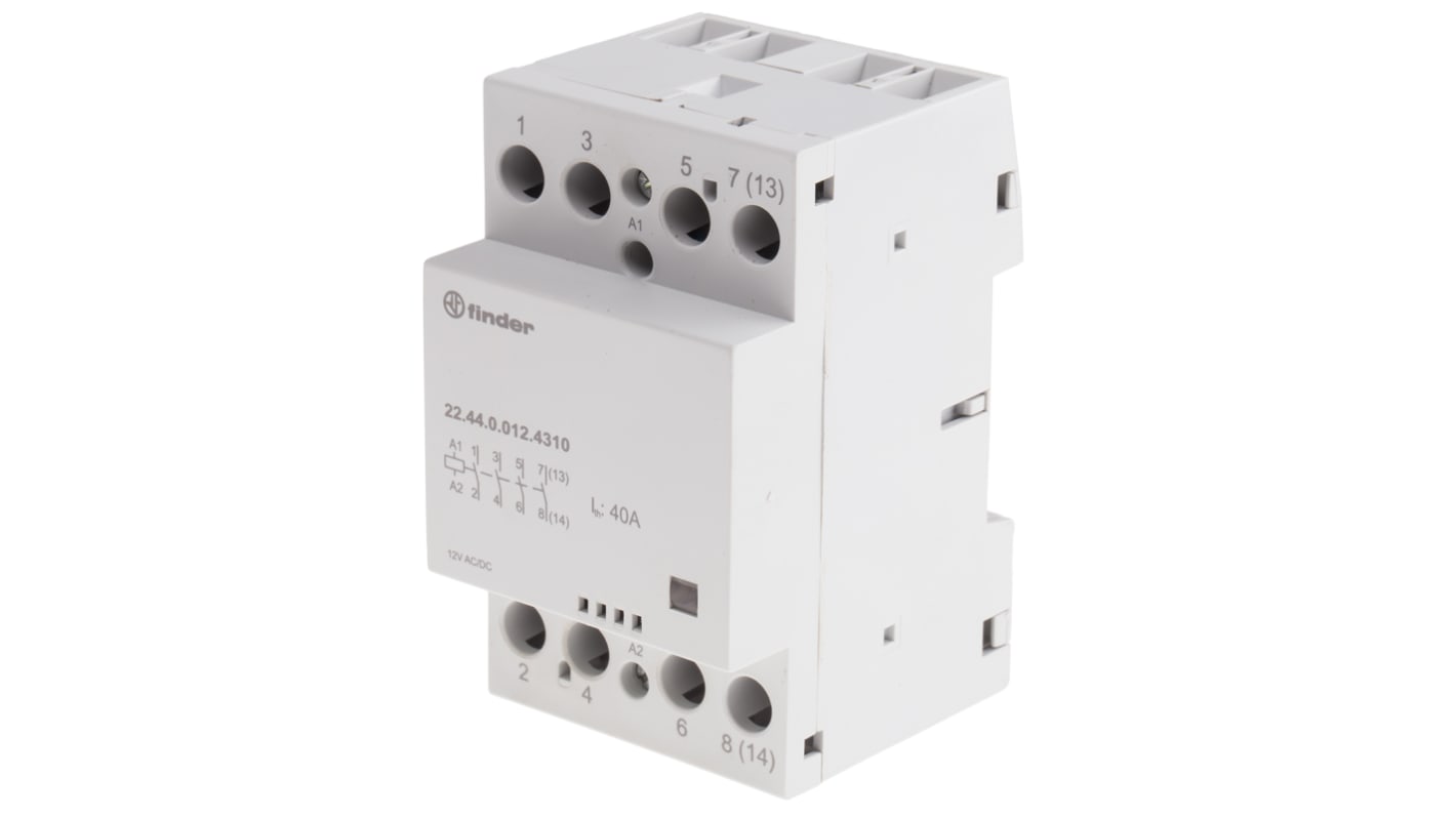 Contattore Finder 22.64.0.012.4310, 4 poli, 63 A, montaggio su guida DIN 35 mm, bobina 12 V, dimensioni 53.5 x 63.1 mm.