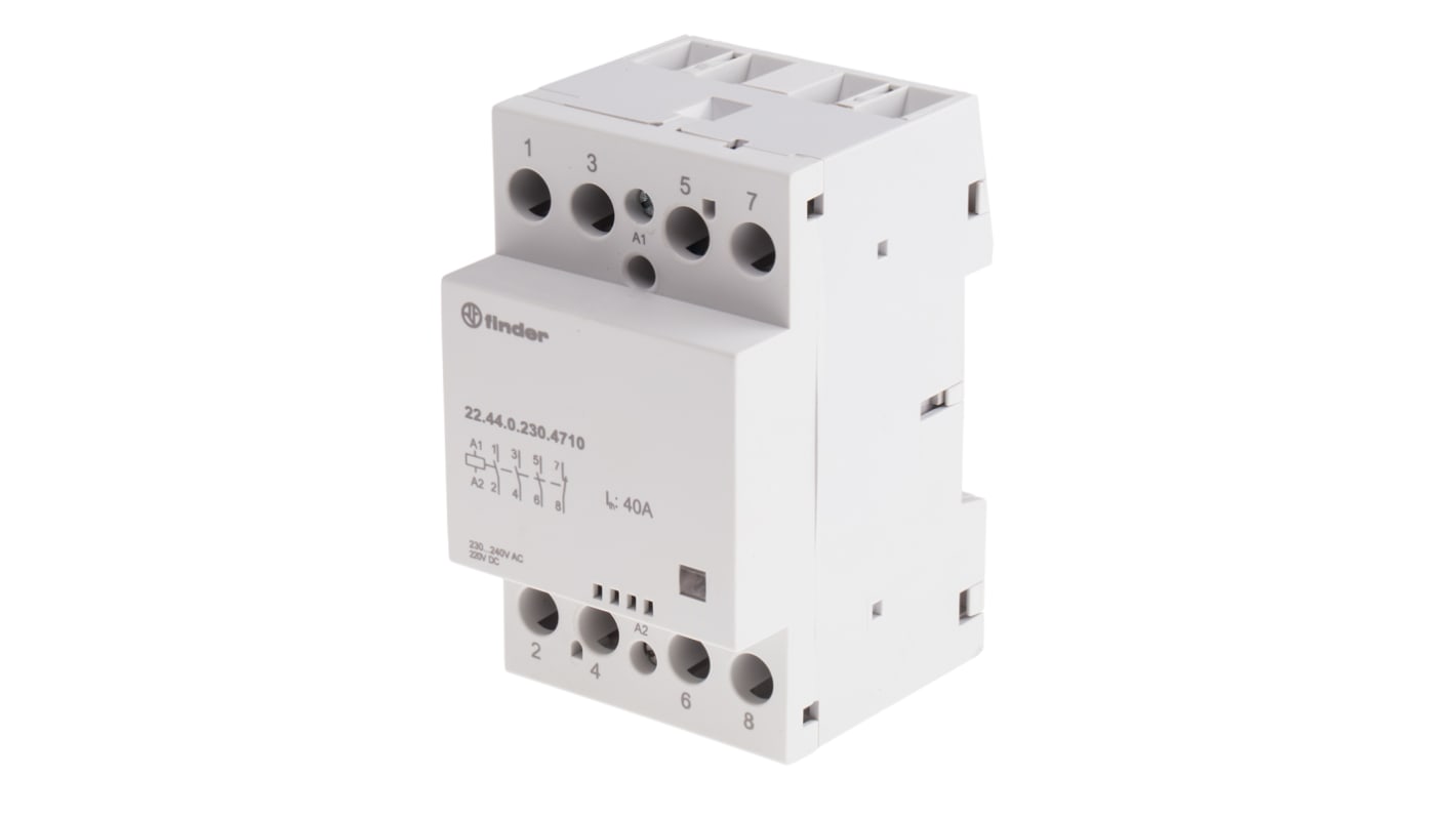Finder 22.44.0.230.4710, contattore modulare 4 poli, 40 A, 240 V CA, montaggio su guida DIN 35 mm, dimensioni 53.5 mm x 63.1 mm.