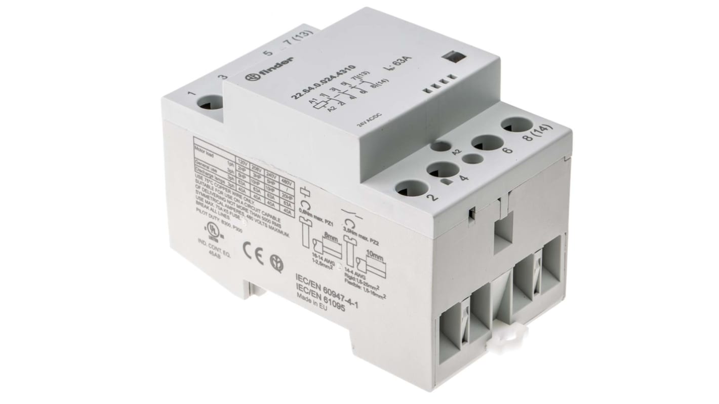 Finder 22.64.0.024.4310, contattore 4 poli 63 A, montaggio su guida DIN 35 mm, dimensioni 53.5 mm x 63.1 mm, tensione bobina 24 V.