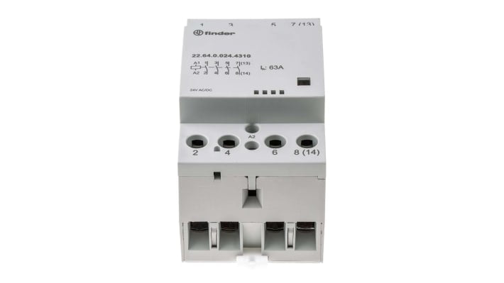 Finder 22.64.0.024.4310, contattore 4 poli 63 A, montaggio su guida DIN 35 mm, dimensioni 53.5 mm x 63.1 mm, tensione bobina 24 V.