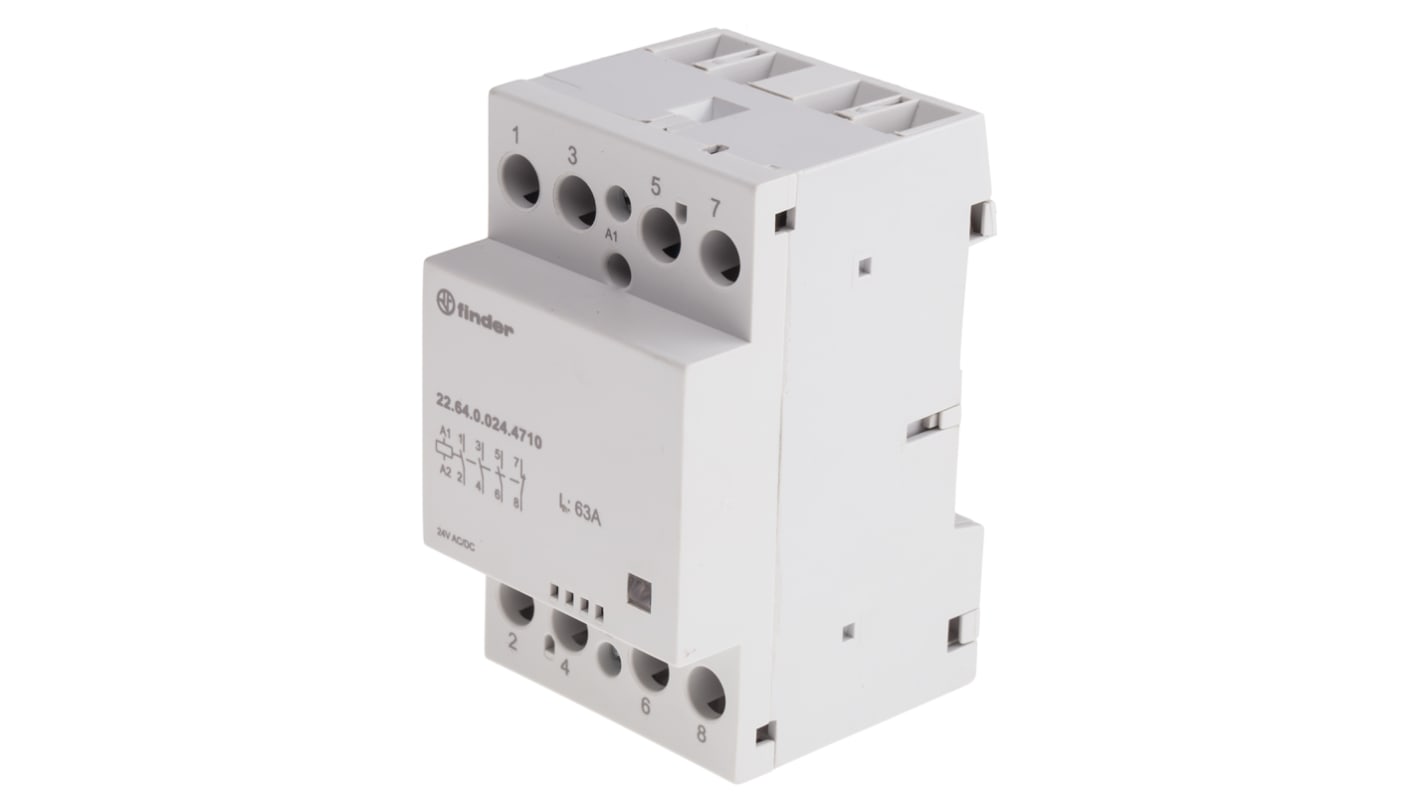 Contattore Finder 22.64.0.024.4710, 4 poli, 63 A, tensione 24 V, montaggio su guida DIN, dimensioni 53.5 mm x 63.1 mm.