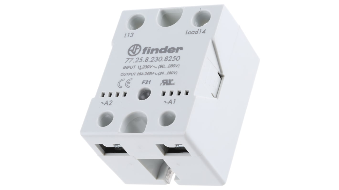 Finder 77.25.8.230.8250, relè a stato solido SPST, 25 A, 280 V c.a., montaggio su dissipatore, dimensioni 44,5 x 36,4 x 57,7 mm.