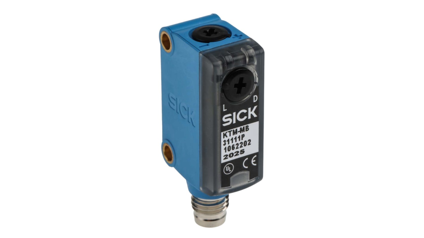 Sensore di contrasto Sick KTM-MB31111P, LED bianco, montaggio a pannello, IP67, rilevamento 12,5 mm, uscita NPN/PNP.