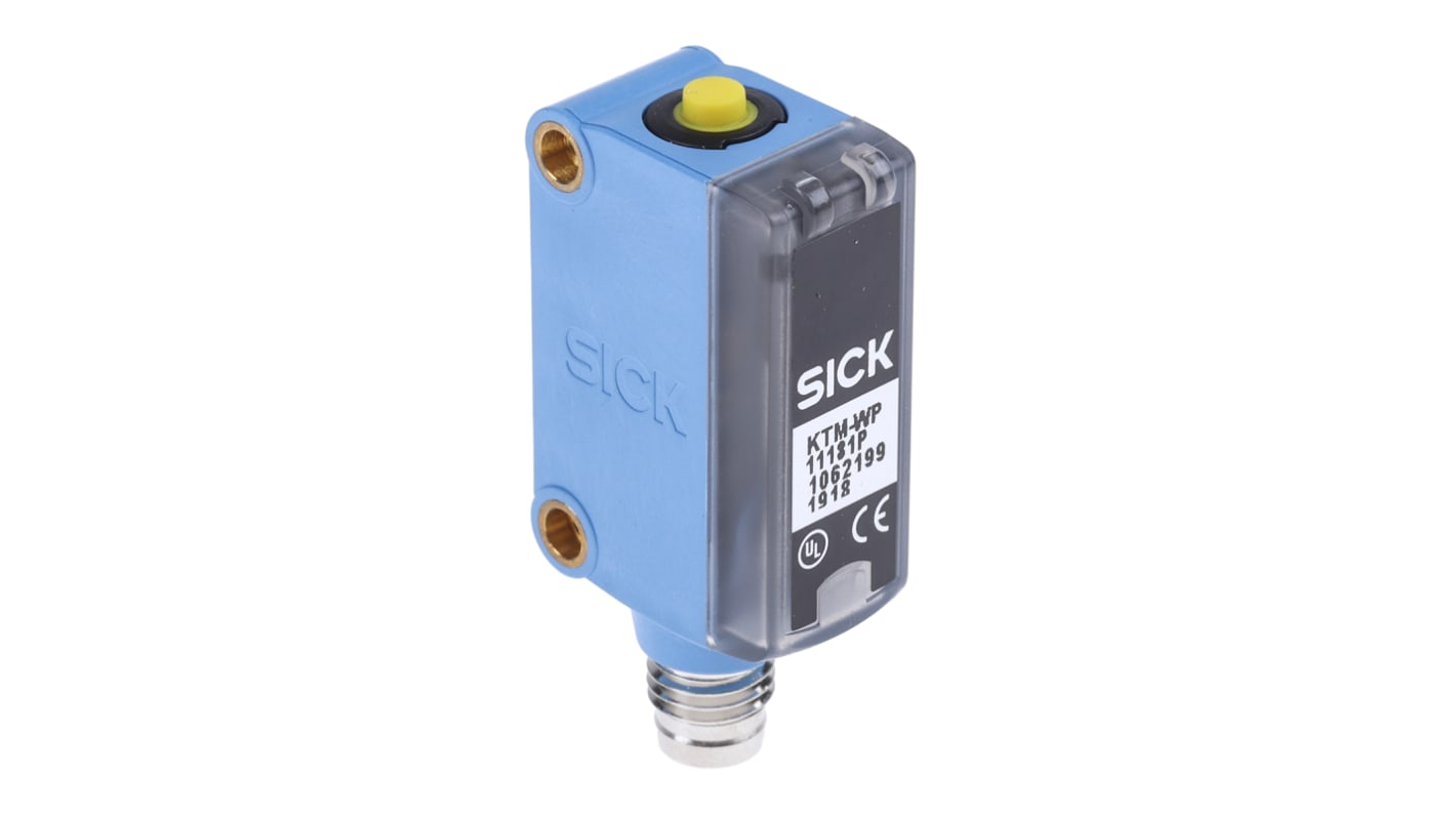 Sensore di contrasto Sick KTM-WP11181P, LED RGB, montaggio a pannello, IP67, rilevamento 12,5 mm, uscita PNP.