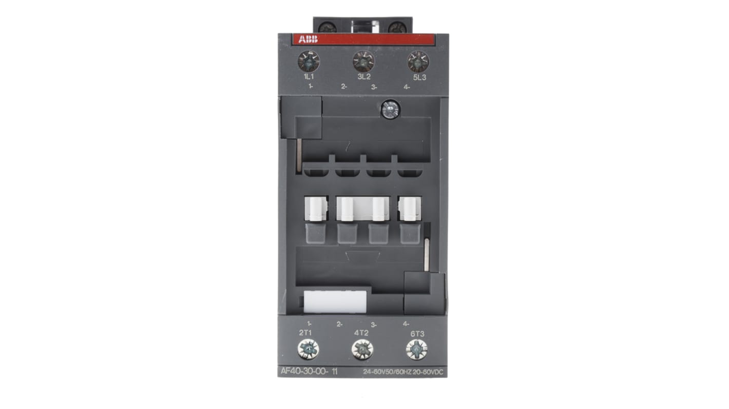 Contattore ABB 1SBL347001R1100 AF40-30-00-11, 3 poli, 3 contatti NA, 70 A, montaggio su guida DIN, dimensioni 125,5 x 111 x 55 mm.