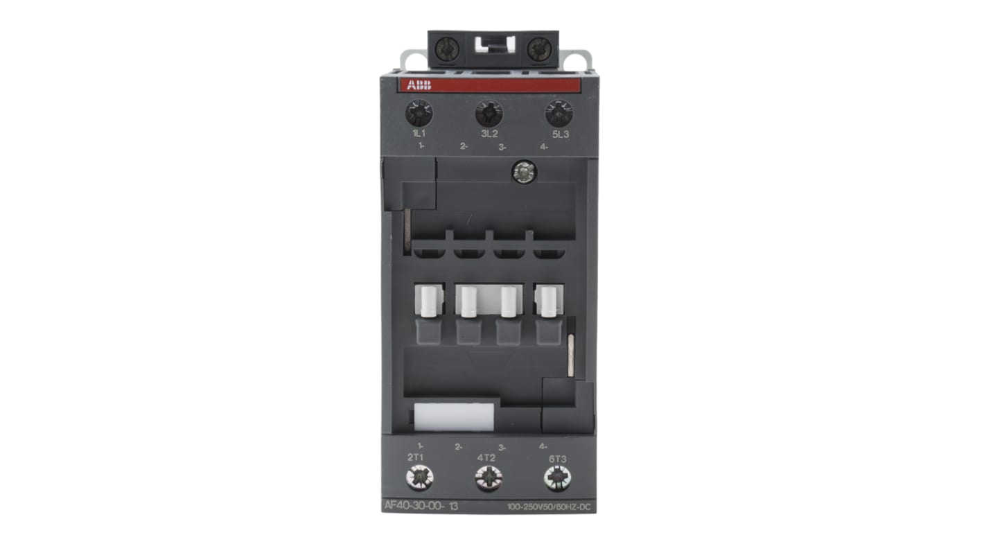 Contattore ABB 1SBL347001R1300 AF40-30-00-13, 3 poli, 70 A, montaggio su guida DIN, dimensioni 125,5 x 55 x 111 mm.