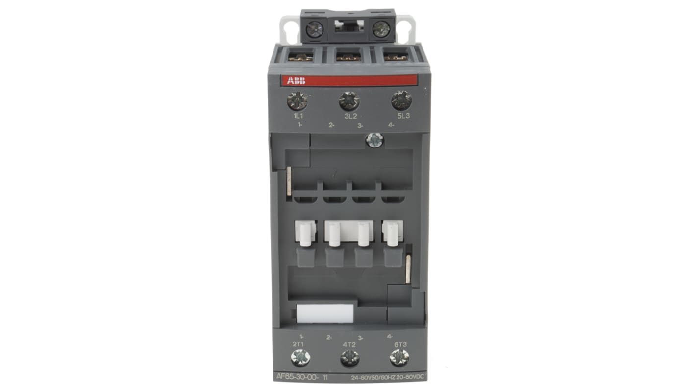 Contattore ABB 1SBL387001R1100 AF65-30-00-11, 3 poli, potenza 30 kW, corrente 105 A, bobina 24 V, dimensioni 55 x 125,5 x 111 mm.