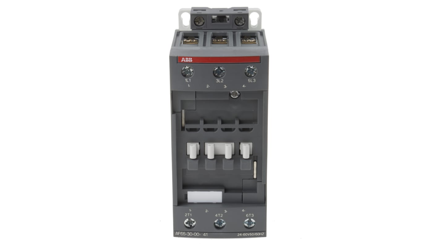 Contattore ABB 1SBL387001R4100 AF65-30-00-41, 3 poli, 3 NA, 105 A, bobina 24-60 V c.a., dimensioni 125.5 x 55 x 111 mm.