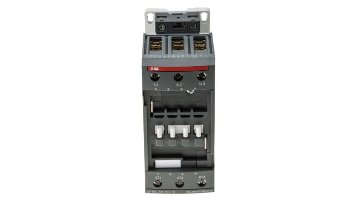 Contattore ABB 1SBL387001R1300 AF65-30-00-13, 3 poli, 105 A, montaggio su guida DIN, dimensioni 55 x 125,5 x 111 mm.