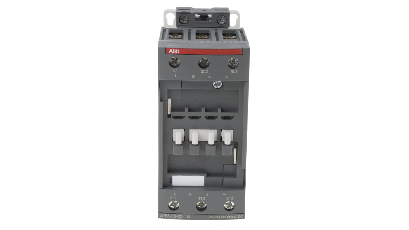 Contattore ABB 1SBL387001R1400 AF 3 poli, 3 NA, 105 A, 30 kW, bobina 250-500 V, dimensioni 125.5x55x111 mm.