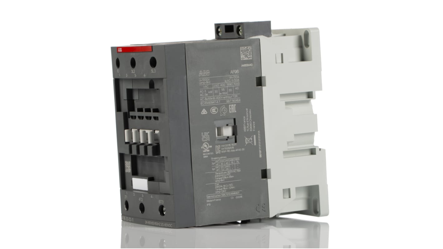 Contattore ABB 1SBL407001R1100 AF96-30-00-11, 3 poli, 130 A, 45 kW, 24 V, dimensioni 70 x 125,5 x 116 mm.