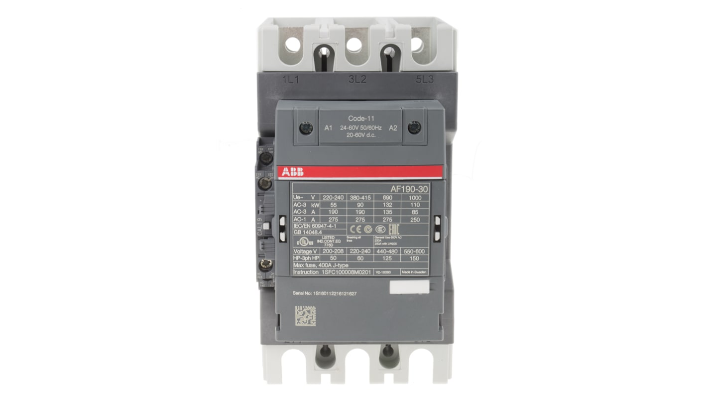 Contattore ABB 1SFL487002R1111 AF190-30-11-11, 3 poli, 275 A, 690 V, bobina 24 V, dimensioni 196x105x152 mm.