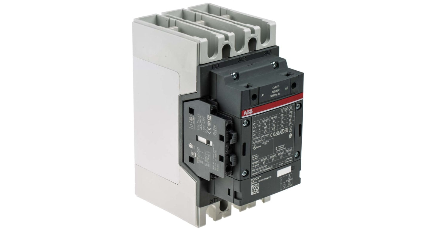 Contattore tripolare ABB 1SFL487002R1311, 275 A, 90 kW, 3 contatti normalmente aperti, dimensioni 152 x 105 x 196 mm.