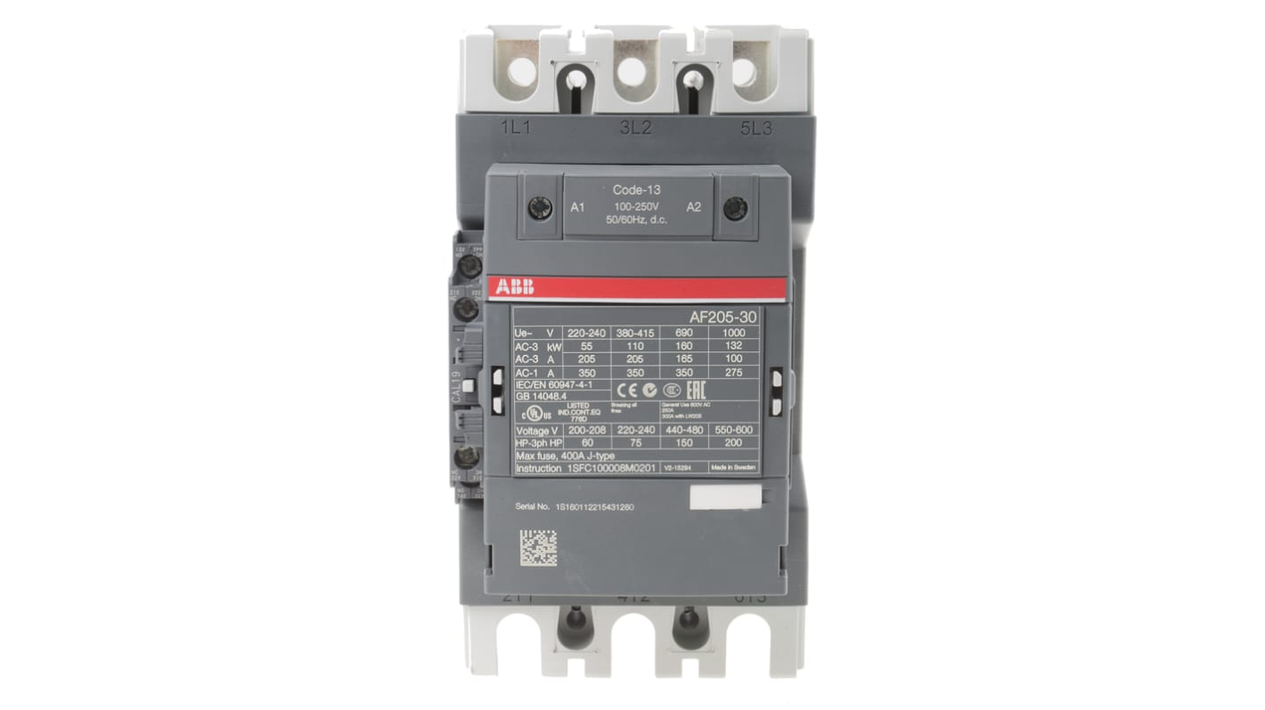 Contattore ABB 1SFL527002R1311 AF205-30-11-13, 3 poli, 350 A, bobina 230 V, dimensioni 196x105x152 mm.