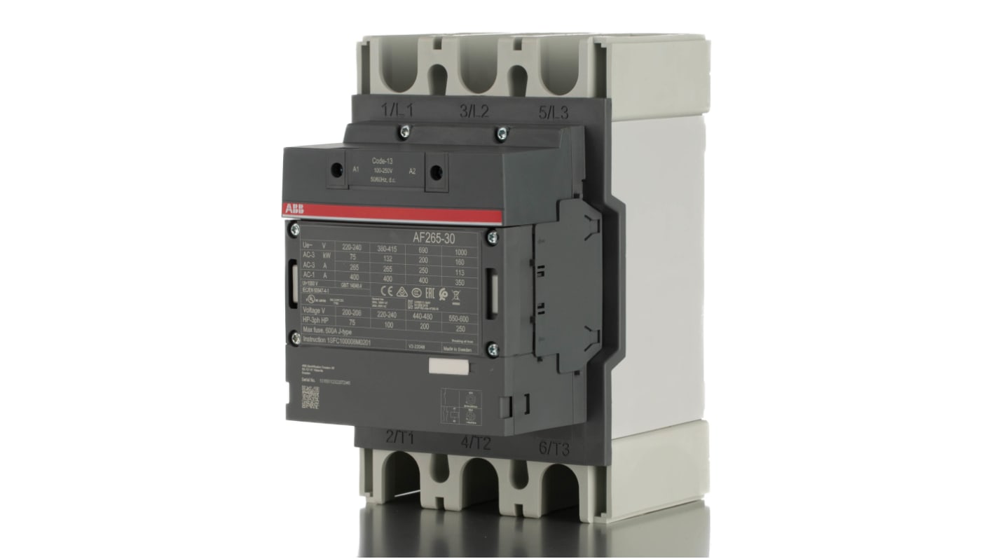 Contattore ABB 1SFL547002R1311 AF265-30-11-13, 3 poli, corrente 400 A, montaggio su guida DIN, dimensioni 225x140x180 mm.