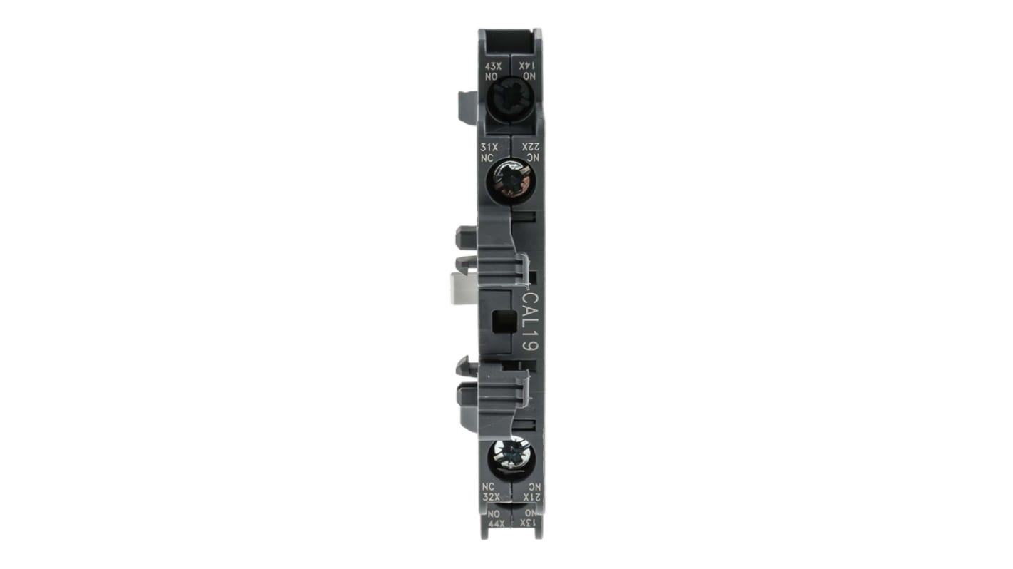 Contatto ausiliario ABB 1SFN010820R1011 CAL19-11, 4 contatti (2NC + 2NO), montaggio laterale, dimensioni 67,3 x 79 x 14,9 mm.