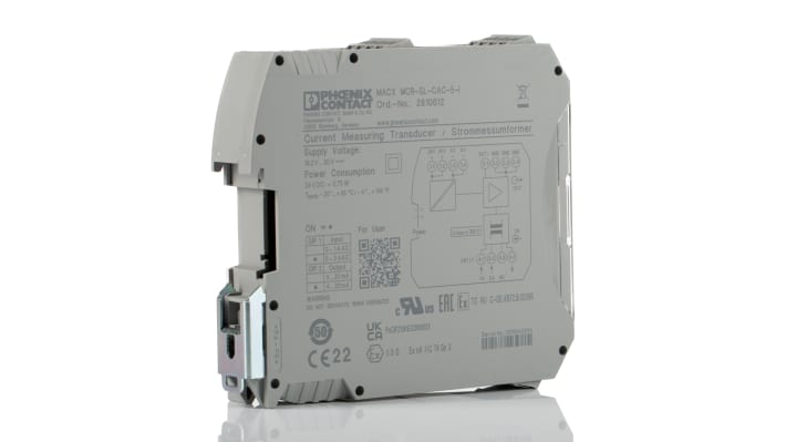 Modulo I/O Phoenix Contact 2810612, trasformatore di corrente 0-5 A, alimentazione 24 V c.c., dimensioni 104 x 22,5 x 114,5 mm.
