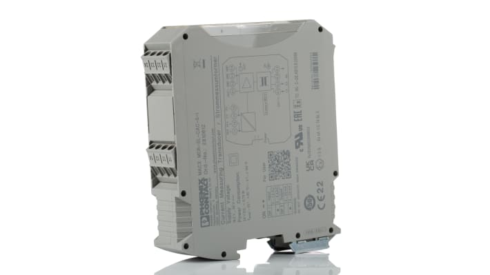 Modulo I/O Phoenix Contact 2810612, trasformatore di corrente 0-5 A, alimentazione 24 V c.c., dimensioni 104 x 22,5 x 114,5 mm.