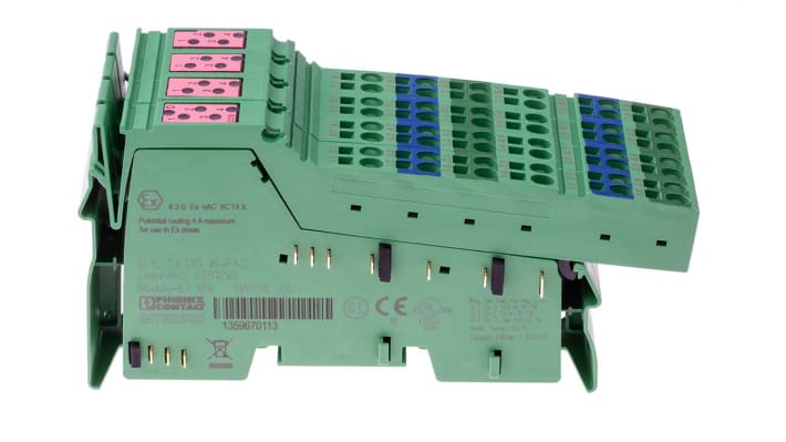 Morsettiera Phoenix Contact IB IL 24 DO 16-PAC: 16 uscite digitali, protezione cortocircuiti, montaggio DIN, efficiente e sicura.