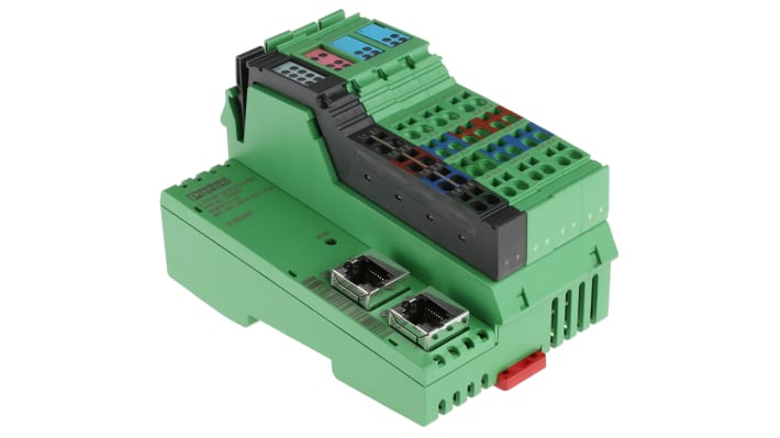 Accoppiatore bus Phoenix Contact IL ETH BK DI8 DO4 2TX-PAC per reti Modbus/TCP, 8 ingressi digitali, 4 uscite digitali, montaggio su guida DIN.