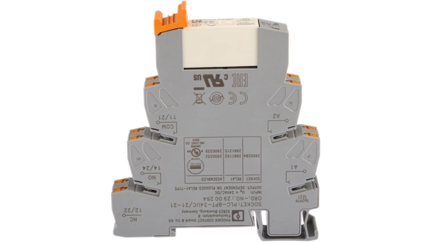 Relè d'interfaccia Phoenix Contact PLC-RPT-24UC/21-21, bobina 24V ca/cc, DPDT - 2900332. Montaggio su guida DIN, 6A, contatti in lega d'argento. Ideale per automazione e macchinari.