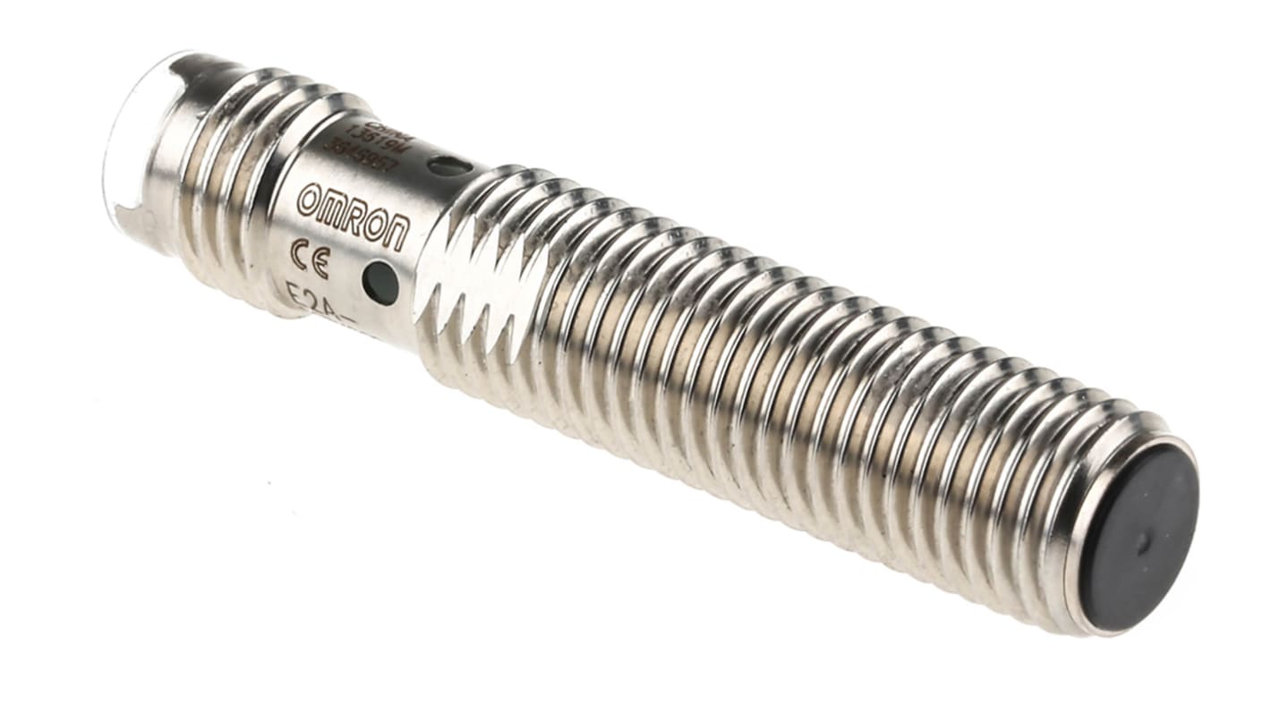 Omron E2A-S08KS02-M5-B2, sensore di prossimità cilindrico PNP M8, rilevamento 2 mm, IP67, acciaio inox, 12-24 V c.c.