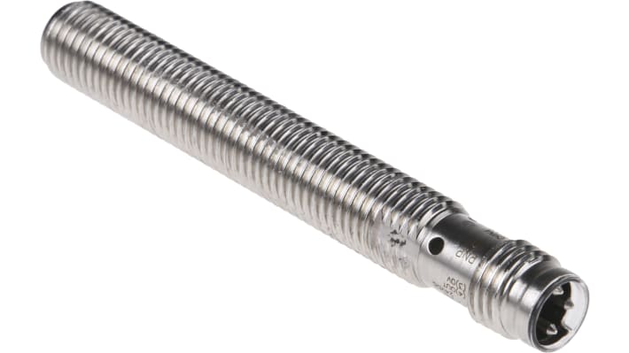Sensore di prossimità cilindrico PNP Omron E2A-S08LS02-M5-B1, tecnologia induttiva, rilevamento 2 mm, corpo in acciaio inox, grado di protezione IP67.