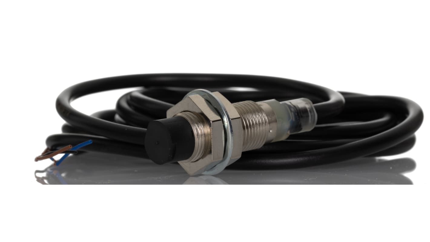 Sensore di prossimità cilindrico PNP Omron E2B-M12KN08-WP-B1 2M, rilevamento 8 mm, alimentazione 12-24 V c.c., IP67.