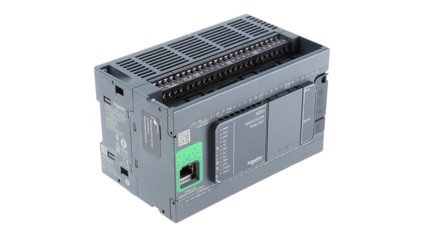 Schneider Electric TM241CEC24R, CPU PLC Modicon M241, 14 ingressi, 10 uscite, montaggio su guida DIN, dimensioni 150 x 95 x 90 mm.
