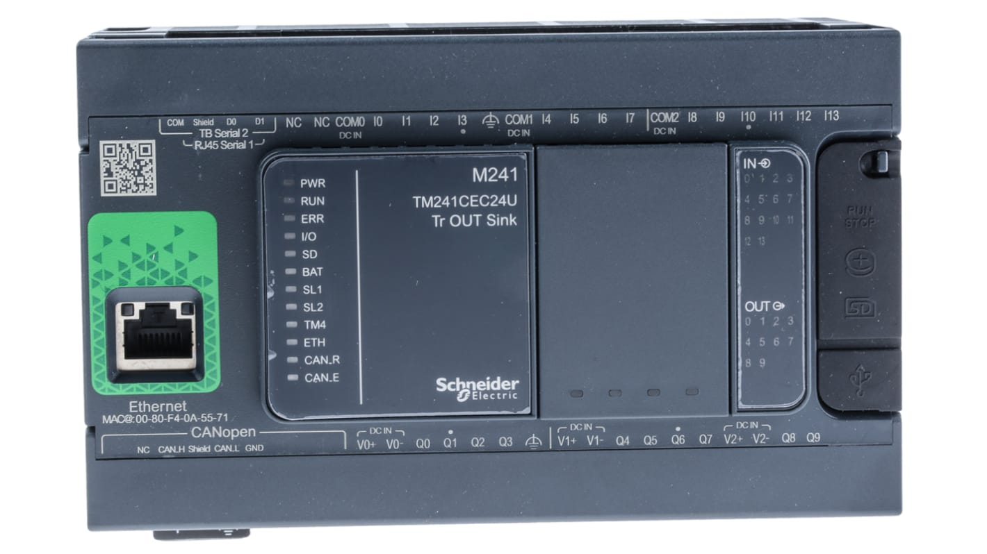 Schneider Electric TM241CEC24U, CPU PLC Modicon M241, 14 ingressi, 10 uscite, montaggio su guida DIN, dimensioni 150 x 95 x 90 mm.