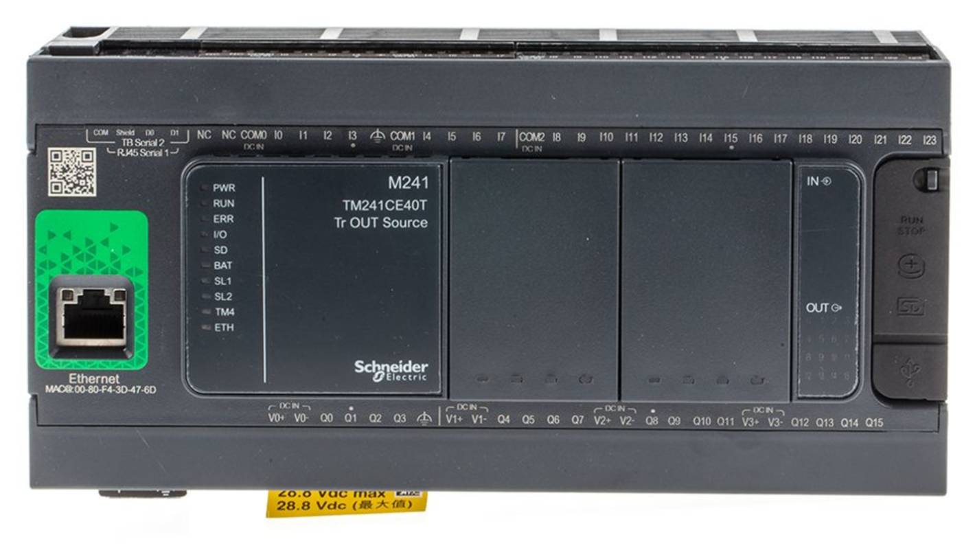Controllore logico Schneider Electric TM241CE40T, 40 I/O, montaggio su guida DIN, dimensioni 190 x 95 x 90 mm.
