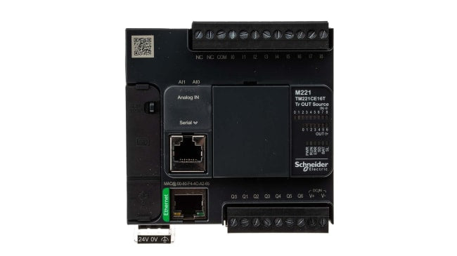 Controllore PLC Modicon M221 di Schneider Electric, TM221CE16T, 9 ingressi, 7 uscite, montaggio a pannello, dimensioni 90 x 70 x 95 mm.
